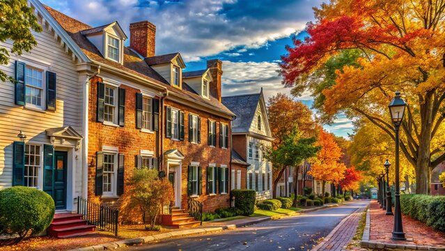 Historic buildings and colonial-era architecture line the charming streets of Old Town Fairfax, Virginia, surrounded by lush greenery and vibrant fall foliage.