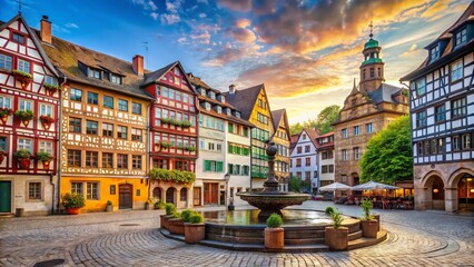 Fototapeta premium Historic old town architecture in Nuremberg, Germany, featuring colorful half-timbered houses, ornate fountains, and cobblestone streets surrounded by medieval city walls and towers.