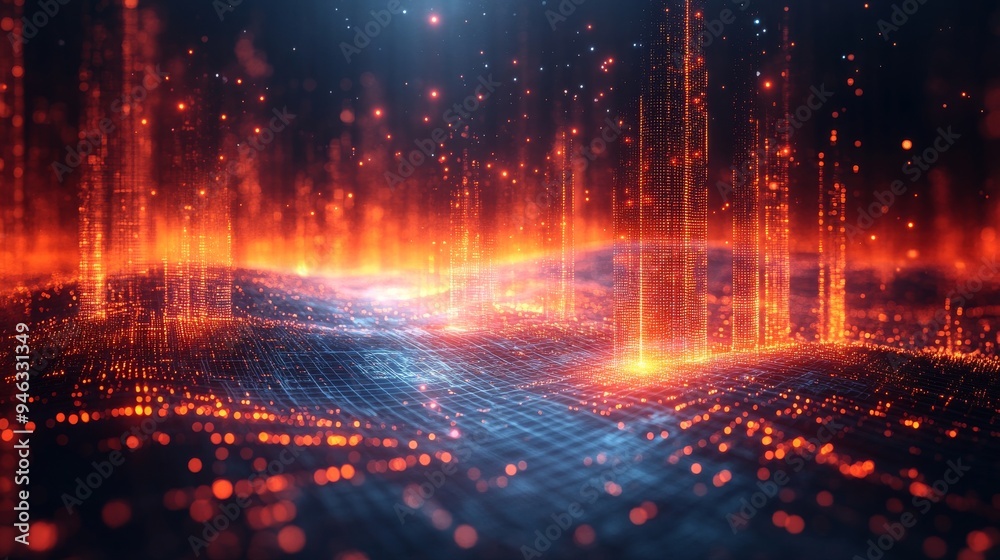 Poster a holographic interface displays intricate data distribution patterns amidst glowing waves in a mesm