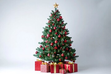 Decorated Christmas tree with presents for new year isolated on white background. Generative Ai