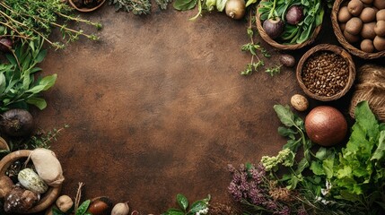 Natural agricultural products arranged on an earthy background, with room for text, symbolizing the purity and sustainability of organic farming