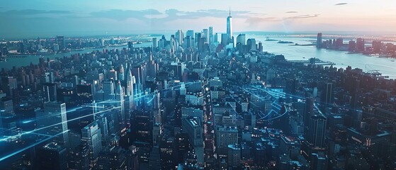 Obraz premium The Future of New York City: Aerial Holographic Views of Upper Manhattan and AI Technology