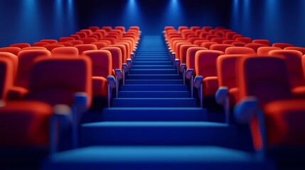 Fototapeta premium Empty movie theater with red seats and blue carpet. Rows of seats leading to the screen.