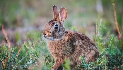 Fototapeta premium Brown bunny sitting in field, face to camera. Wild or farm animal.