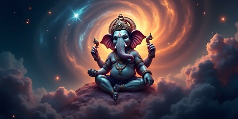 Fototapeta premium Powerful image of Ganesha set against a cosmic background with swirling galaxies, stars, and nebulae, symbolizing infinite power, ideal for spiritual artwork, meditation visuals