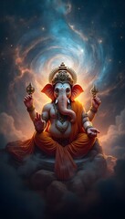 Powerful image of Ganesha set against a cosmic background with swirling galaxies, stars, and nebulae, symbolizing infinite power, ideal for spiritual artwork, meditation visuals