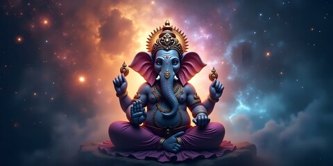 Powerful image of Ganesha set against a cosmic background with swirling galaxies, stars, and nebulae, symbolizing infinite power, ideal for spiritual artwork, meditation visuals