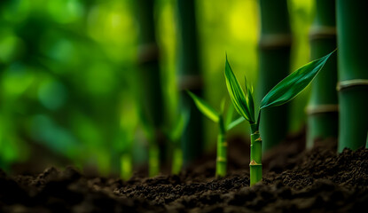 Close-up of bamboo shoots in the ground with bamboo trees visible behind.