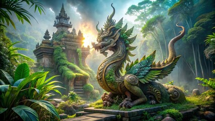 Fototapeta premium Intricately carved stone statue of a mythical winged serpent deity rises from a vibrant jungle temple amidst lush foliage and misty atmospheric lighting.