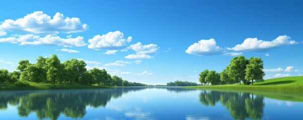 Obraz premium Serene river scene with lush green trees and a clear blue sky.