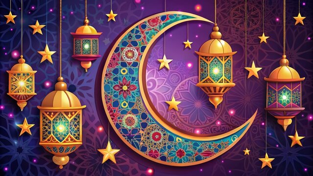 Intricately designed Islamic-inspired vector illustration featuring crescent moon, stars, and lanterns in vibrant colors, perfect for Ramadan celebrations, Eid greetings, and cultural decorations.