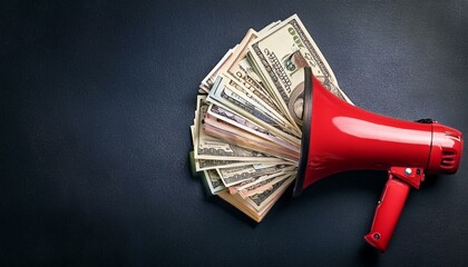 Red megaphone with money banknotes on dark background, Marketing concept, Generative AI