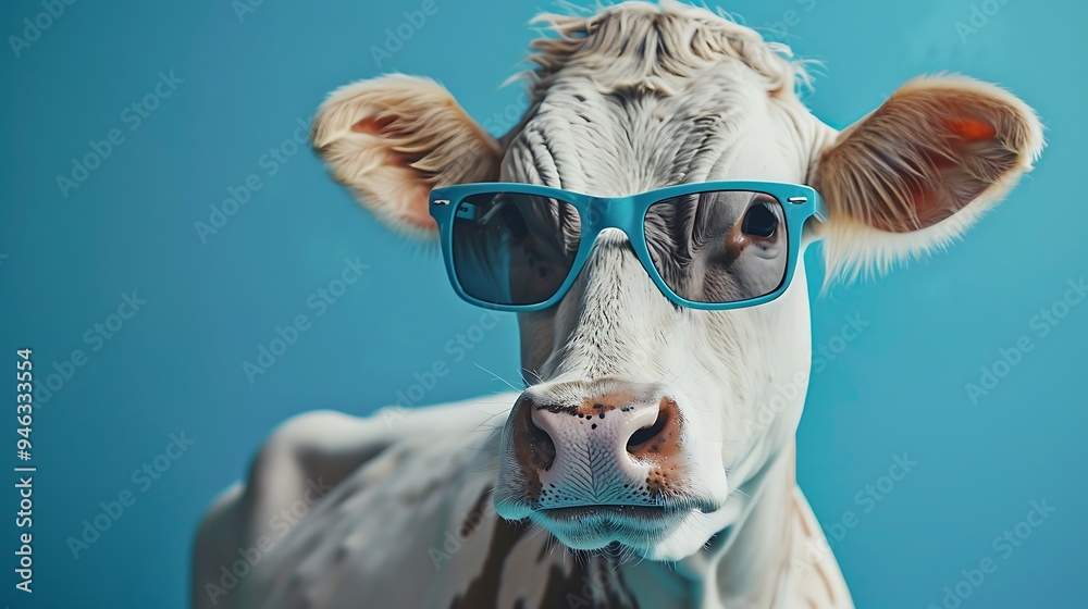 Canvas Prints A cow wearing stylish blue sunglasses against a vibrant background.