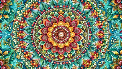 Intricate round mandala design featuring delicate floral patterns, ornate geometric shapes, and vibrant colors, creating a mesmerizing and symmetrical visual representation of harmony and balance.