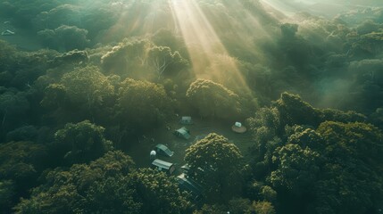 Fototapeta premium Sunrays lighting up glamping tents in a forest at dawn
