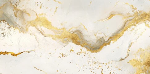 An abstract pattern of swirling gold veins and white marble, captured up close