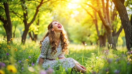 Joyful moment of unbridled laughter amidst lush greenery, sun-dappled trees, and vibrant wildflowers, evoking a sense of freedom and carefree abandon in the great outdoors.