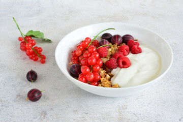 a bowl of yogurt with berries and some granola 