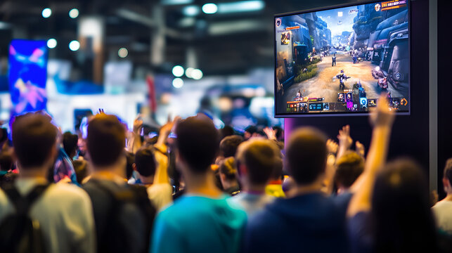 Crowded gaming convention with hundreds of enthusiastic gamers around massive LED screen, showcasing vibrant video game graphics and intense action, electric atmosphere with cheering and colorful LED