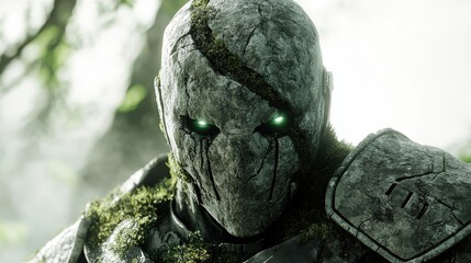 Closeup of an earth knight with stone armor, mosscovered plates, glowing emerald eyes,