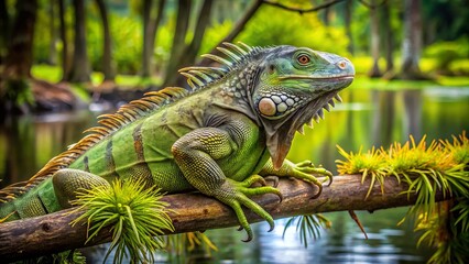 Fototapeta premium Large green invasive iguana perches on a tree branch in a lush Florida wetland, its scaly body blending into the surrounding foliage with eerie intensity.