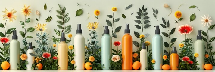 Colorful bottles and vibrant flowers arranged together, showcasing beauty products and natural skincare concepts.