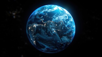 Earth at night with glowing city lights.