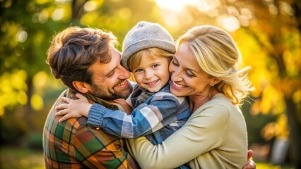 Obraz premium loving adults warmly embracing a smiling young child, conveying unconditional love, comfort, and protection in a soft, natural, and heartwarming outdoor setting.