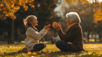 A joyful moment between a grandmother and granddaughter enjoying a sunny afternoon in a park during autumn