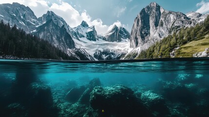 A split view of a mountain lake with glacier and underwater rocks