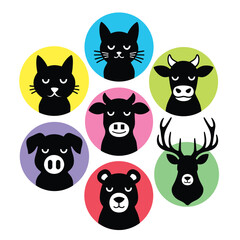  Animal Head Silhouette Vector Set - cat, cow, dog, deer, bear Logo Icons on White Background - Vector Illustration