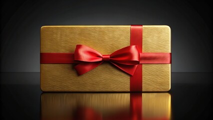 Luxurious golden card with embossed logo and velvety red ribbon lies on a sleek black background, symbolizing exclusive privileges and elite status membership benefits.