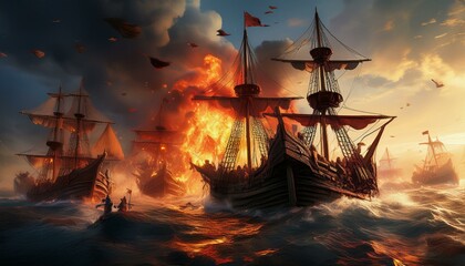 Obraz premium Ships on Fire in Medieval Battleships, Pirate ships destroyed in cannon battle, Generative AI