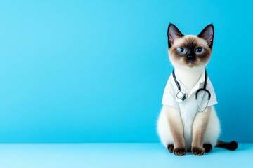 Obraz premium Adorable Siamese Cat with Stethoscope Posing as Veterinarian on Blue Background