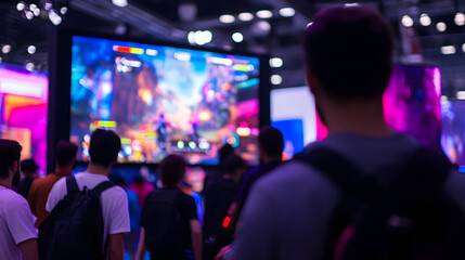 Crowded gaming convention with hundreds of enthusiastic gamers around massive LED screen, showcasing vibrant video game graphics and intense action, electric atmosphere with cheering and colorful LED