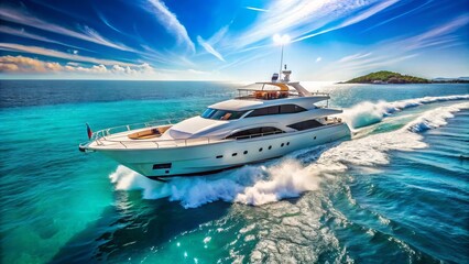 Luxurious white yacht slices through turquoise Mediterranean waves, its sleek hull and billowing sails glinting in the warm sunlight, surrounded by endless blue horizon.
