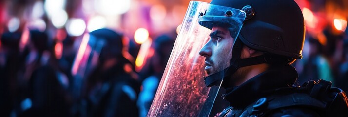 Dozens of protesters raise placards as law enforcement stands ready with riot shields, highlighting the ongoing fight for rights and freedoms in a charged atmosphere. Generative AI