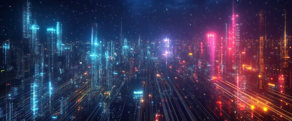 Obraz premium Futuristic cityscape with smart urban technology and connectivity background