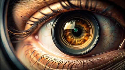 Macro close-up of a human eye peering through a camera lens, blurring the line between vision and photography, with shallow depth of field and warm lighting.
