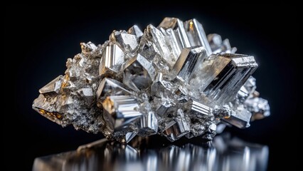 Macro view of germanium crystal ingot, a brittle, silver-white metalloid element, with intricate crystalline structures and subtle reflections, isolated on a black background.