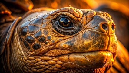 Fototapeta premium Macro view of a turtle's ancient, weathered face, wrinkled skin, and wise, expressive eyes, showcasing intricate details and textures in warm, golden light.