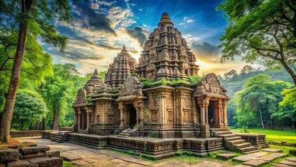 Obraz premium Majestic ancient stone temple with intricate carvings and ornate details stands proudly amidst a lush green forest, rich in history and architectural grandeur.