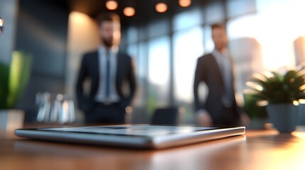 Fototapeta premium Pack of Canine Business Leaders Collaborating on Company Presentation Using Tablet Display in Sleek Modern Office
