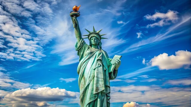 Majestic copper female figure stands tall on Liberty Island, torch held high, tabula ansata in hand, symbolizing freedom and democracy in a bright blue sky.