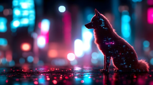 Canine Companion Immersed in a Dystopian Virtual Reality Cityscape with Geometric Patterns and Neon Haze