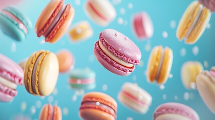 Obraz premium Various Colorful of Macarons Floating on the Air on blue background