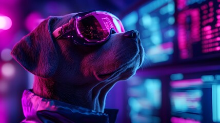 Analytical Dog Data Scientist Scrutinizing Statistical Visualizations on Digital Displays in Minimalist Workspace