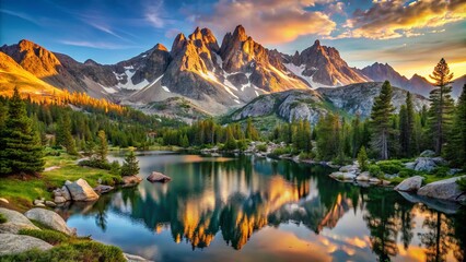 Fototapeta premium Majestic granite peaks rise above serene alpine lakes and lush green forests in the rugged Sierra Nevada mountain range at dawn's golden light.
