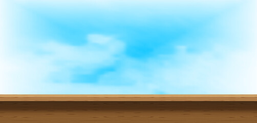 wood plank, wood table top, table plank and soft blue sky, wooden countertop vector