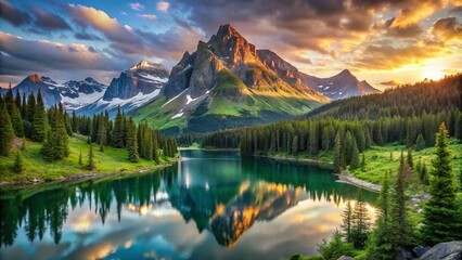 Majestic mountain summit touched by warm sunlight, with a serene lake and lush green valley nestled below, showcasing nature's awe-inspiring majesty at its peak.